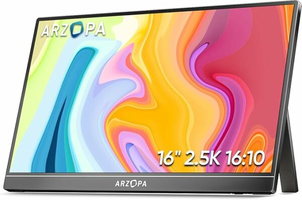 ARZOPA Monitor portátil 2.5K 16.0" 2560x1600 HDR com suporte, monitor de laptop 500nits 8bit QHD USB-C HDMI, tela externa de cuidados com os olhos IPS 16:10 para Mac, PC, telefone, PS4/5, Xbox