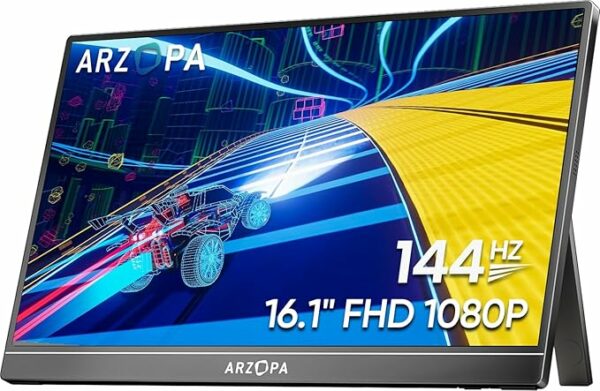 ARZOPA Monitor portátil para jogos de 16,1'' 144Hz, monitor portátil 1080P FHD Kickstand com HDR, ultrafino, cuidados com os olhos, segunda tela externa para laptop, PC, PS5, Mac, Xbox