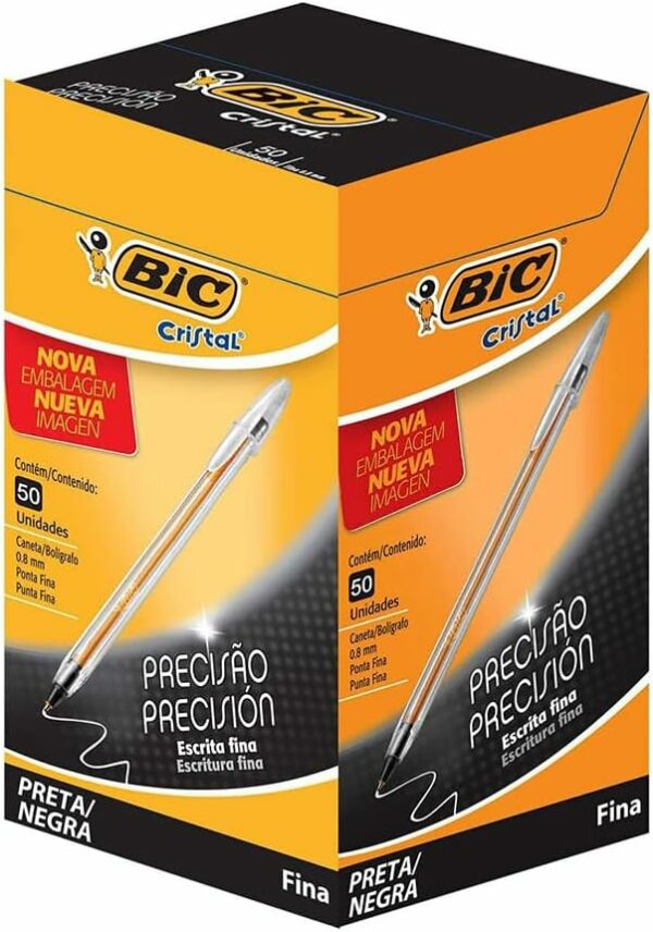 Caneta Esferográfica BIC Cristal Precisão e Suavidade, Preta, Ponta Ultra Fina, 0.8mm, 886649, 50 unidades