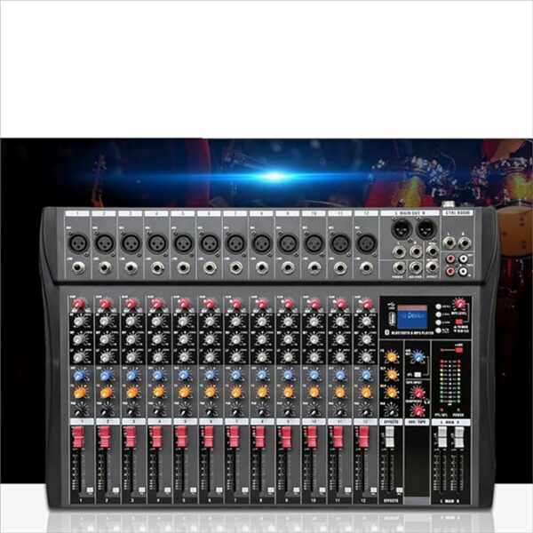 Mesa de som 12 canal, Small Stage Bluetooth USB MP3, entrada 48V Phantom Power DJ Audio Network Karaoke Mobile Live High Power Mixer Professional 12 Channel Studio Audio Mixer 110V/220V 12 canais